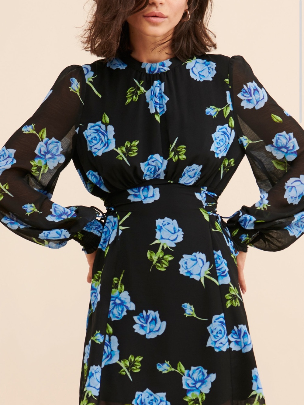 Free People Black Mini Dress with Blue Rose Print